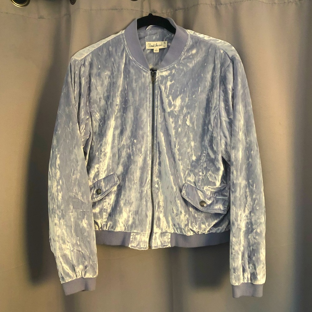 Metallic Light Blue Velvet Bomber Jacket